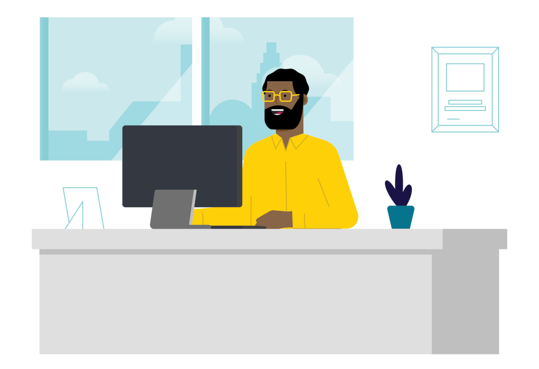Illustration of a man at a computer desk