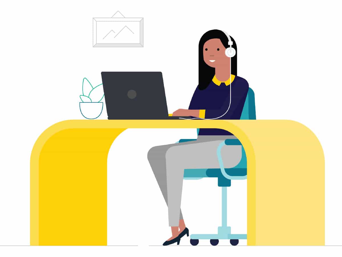 Graphic image of a woman sitting at a desk on a computer