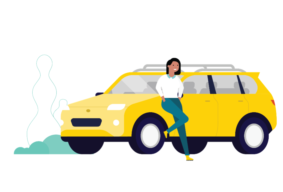 animated woman leaning against a yellow car