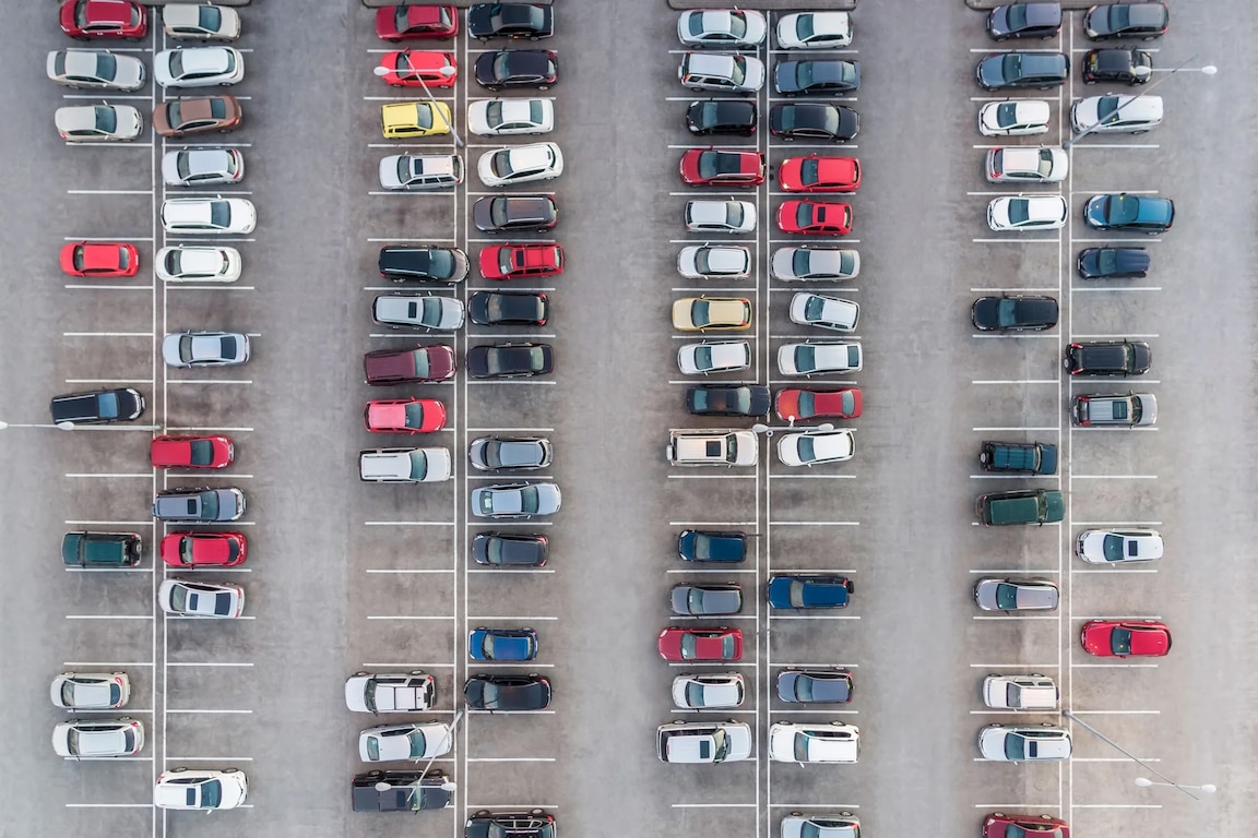 Aerial view of cars in a parking lot