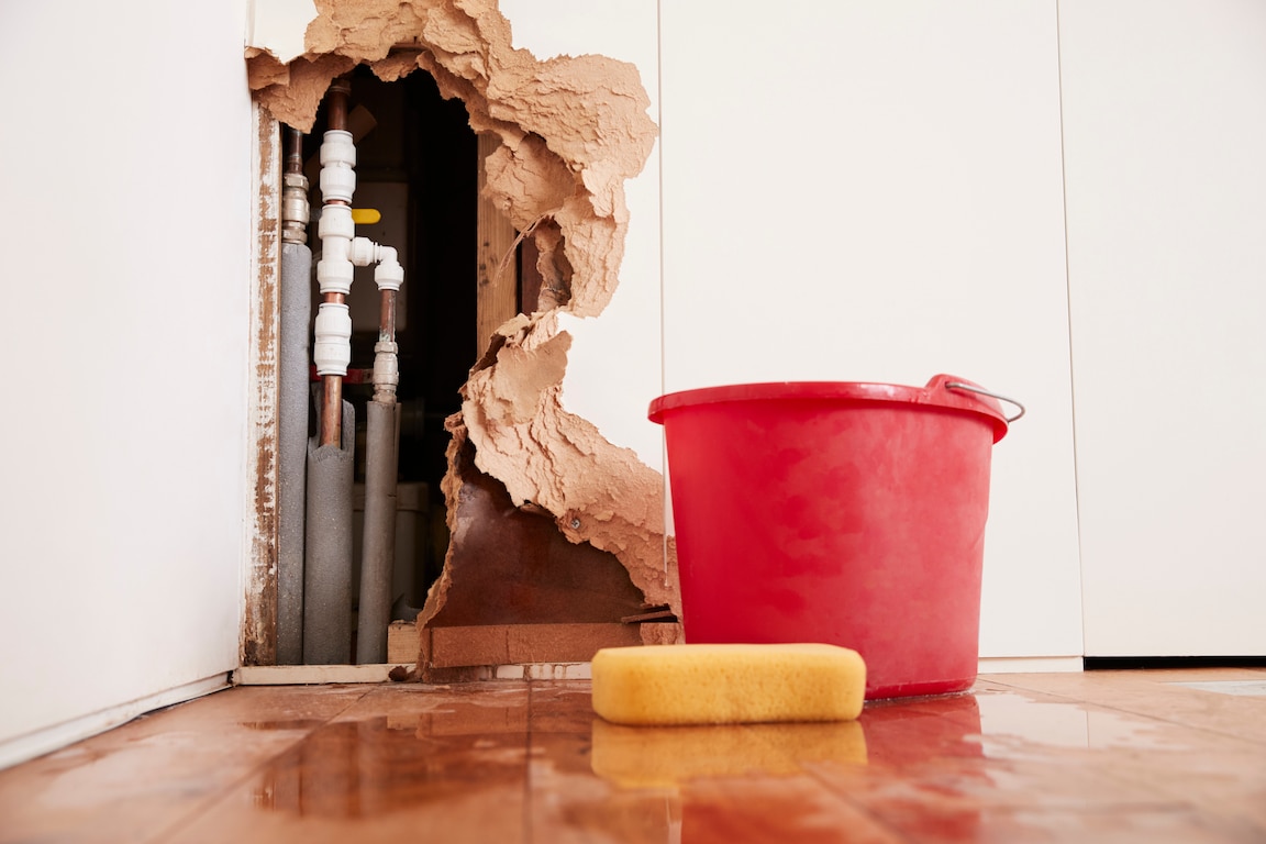 A room showing exposed pipes and water damage