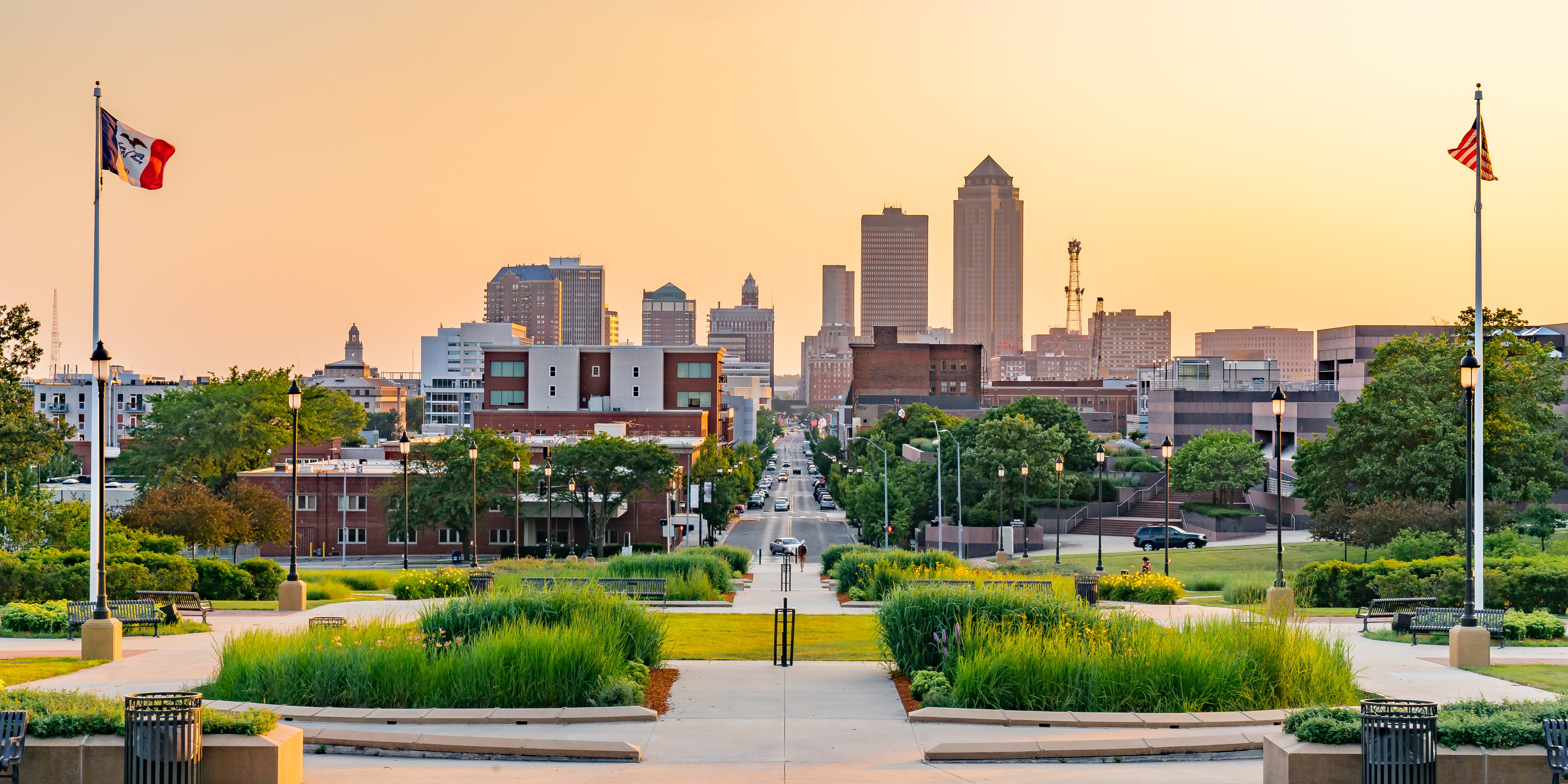 View of a park in Iowa with a city in the background