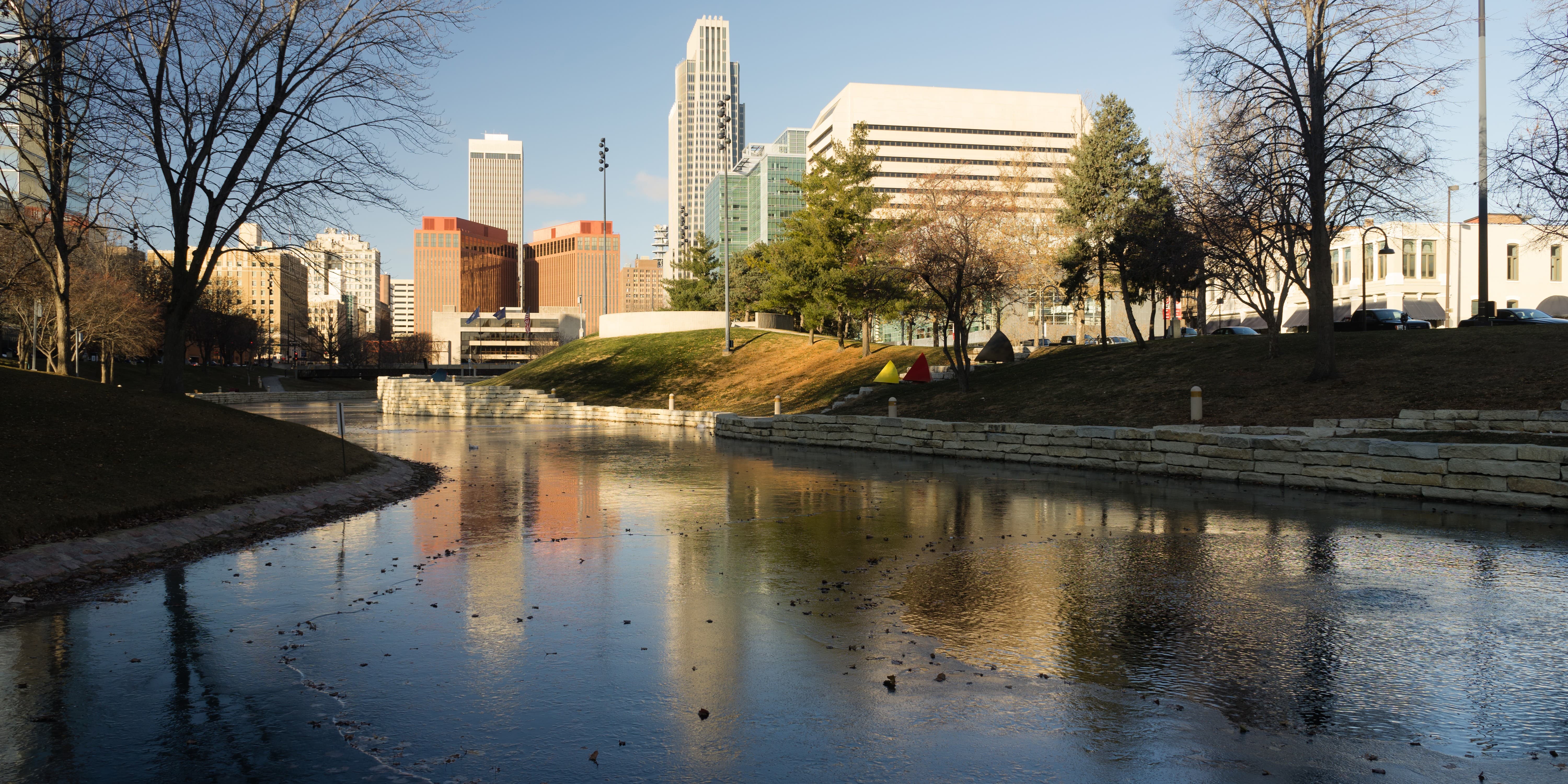 View of a river in Nebraska with a city in the background