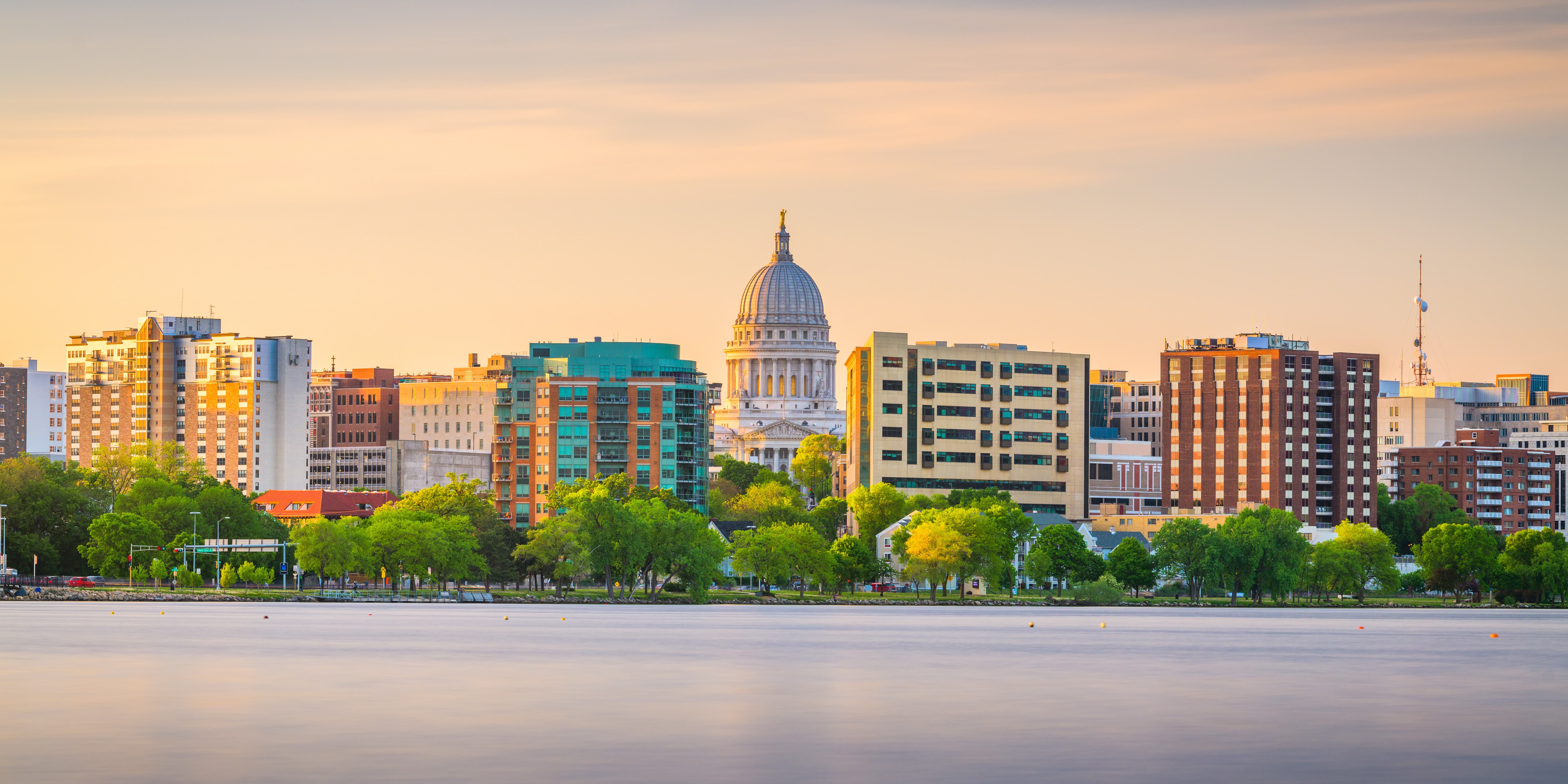View of water in Wisconsin with a city in the background