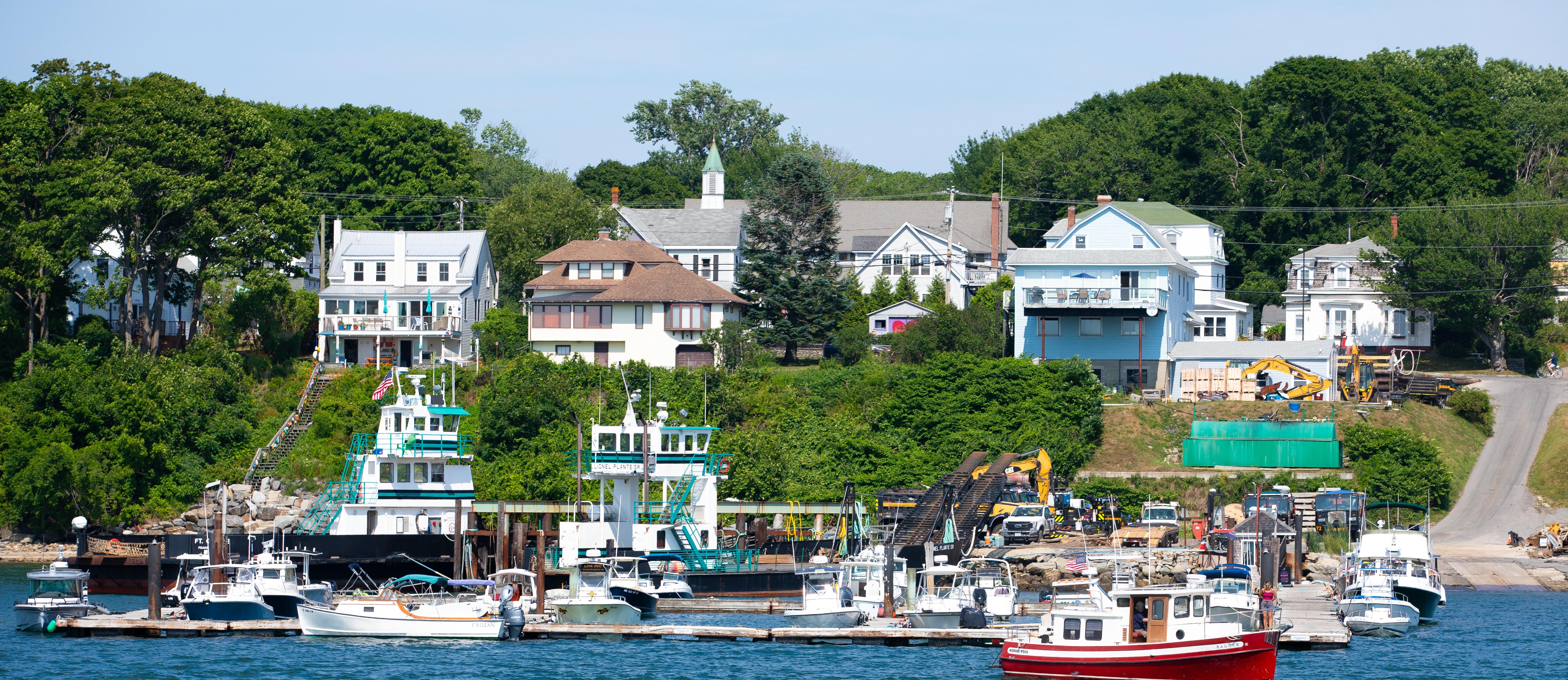 Boats in the water with houses on a hill behind them