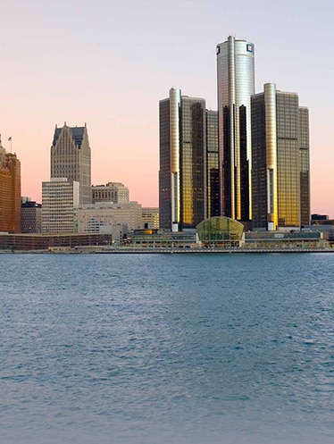 Detroit International Riverfront at sunset