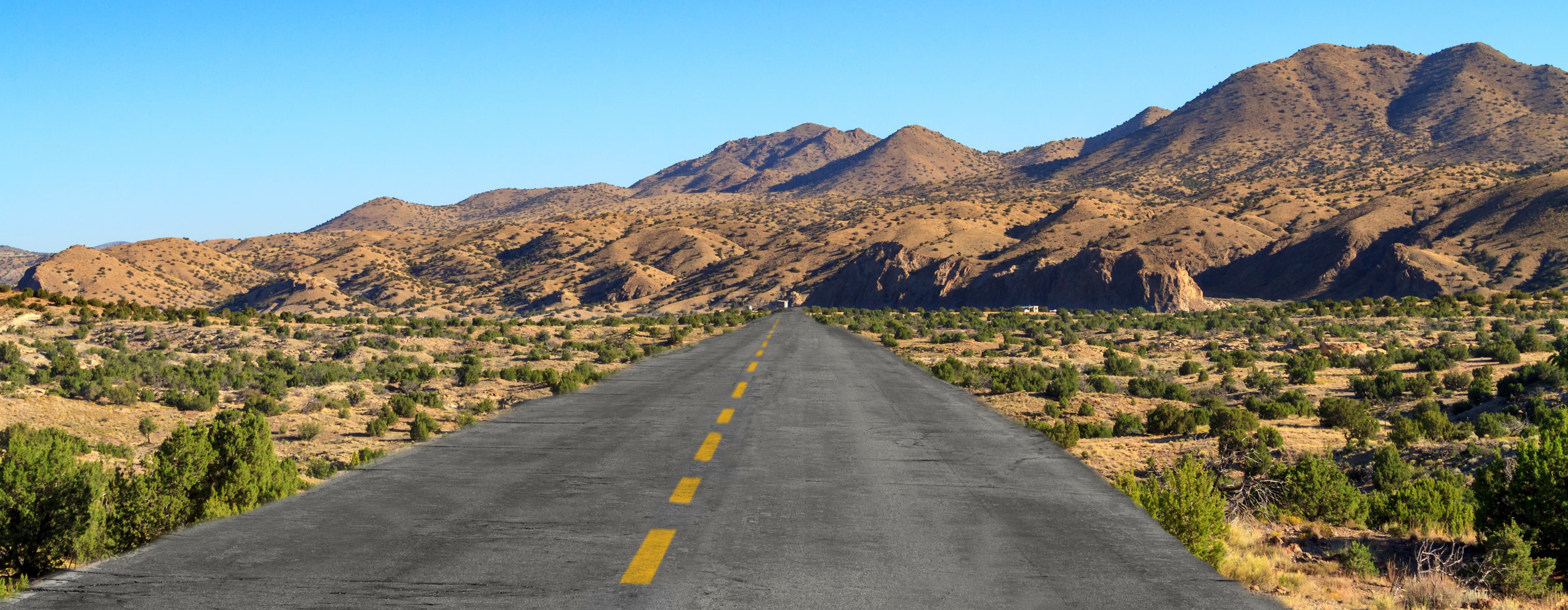 Desert highway with mountains in the background