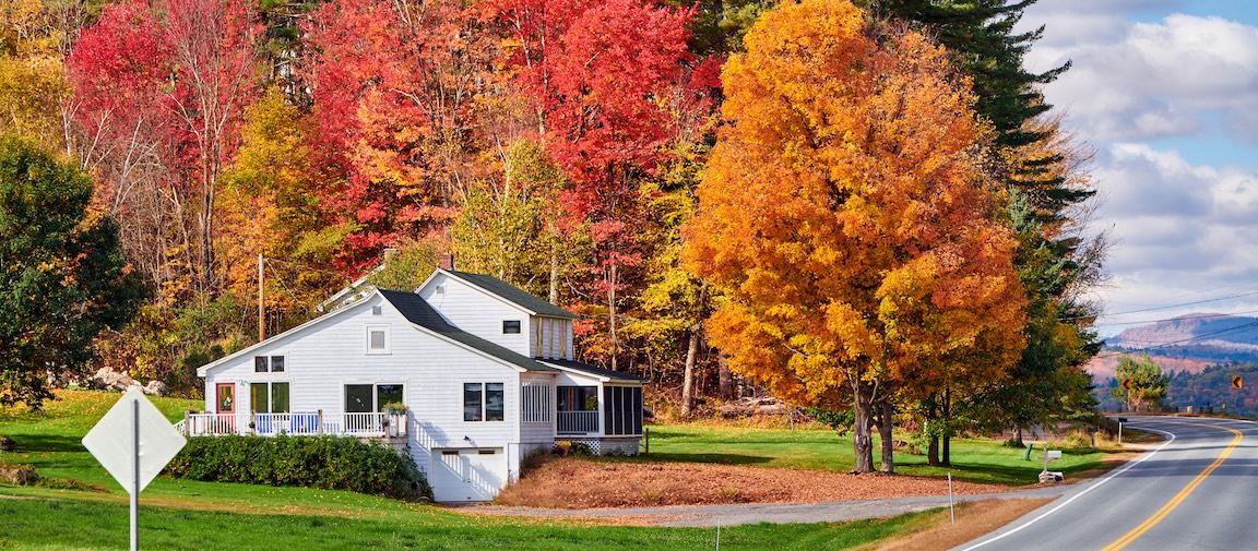 White house next to a curvy road and trees with fall colored leaves