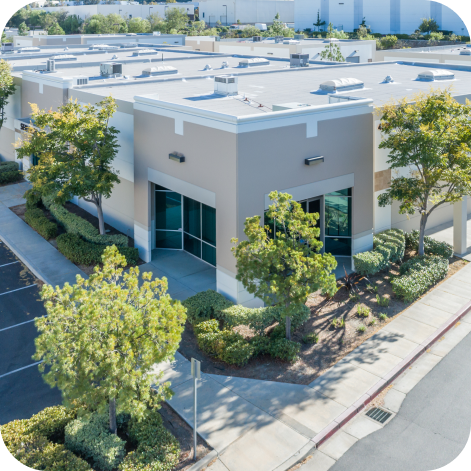 An aerial view of a one story commercial building.